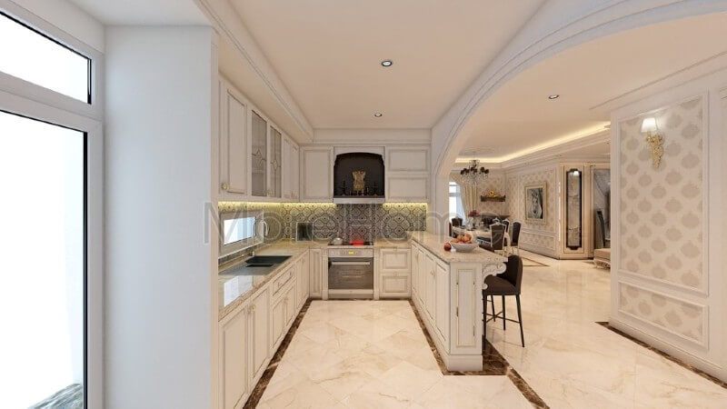 Thiết kế gọn gàng và đẹp mắt của hệ thống tủ bếp với tone trắng sáng tự nhiên làm cho không gian cảm thấy an toàn và nhẹ nhàng hơn.